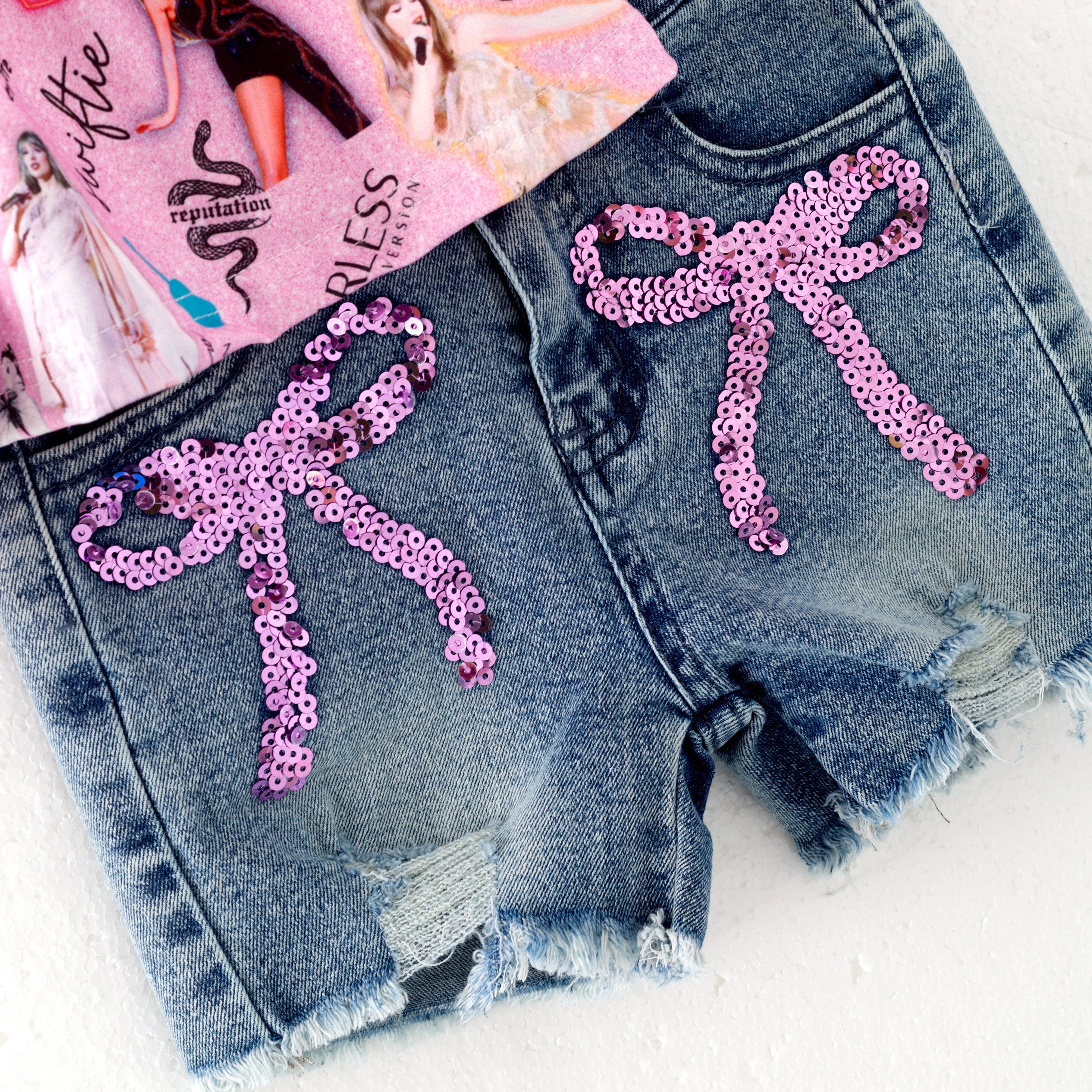 (Pre Order+Shorts)Girls Spring and Summer TS Print Denim Shorts Set-Multicolor