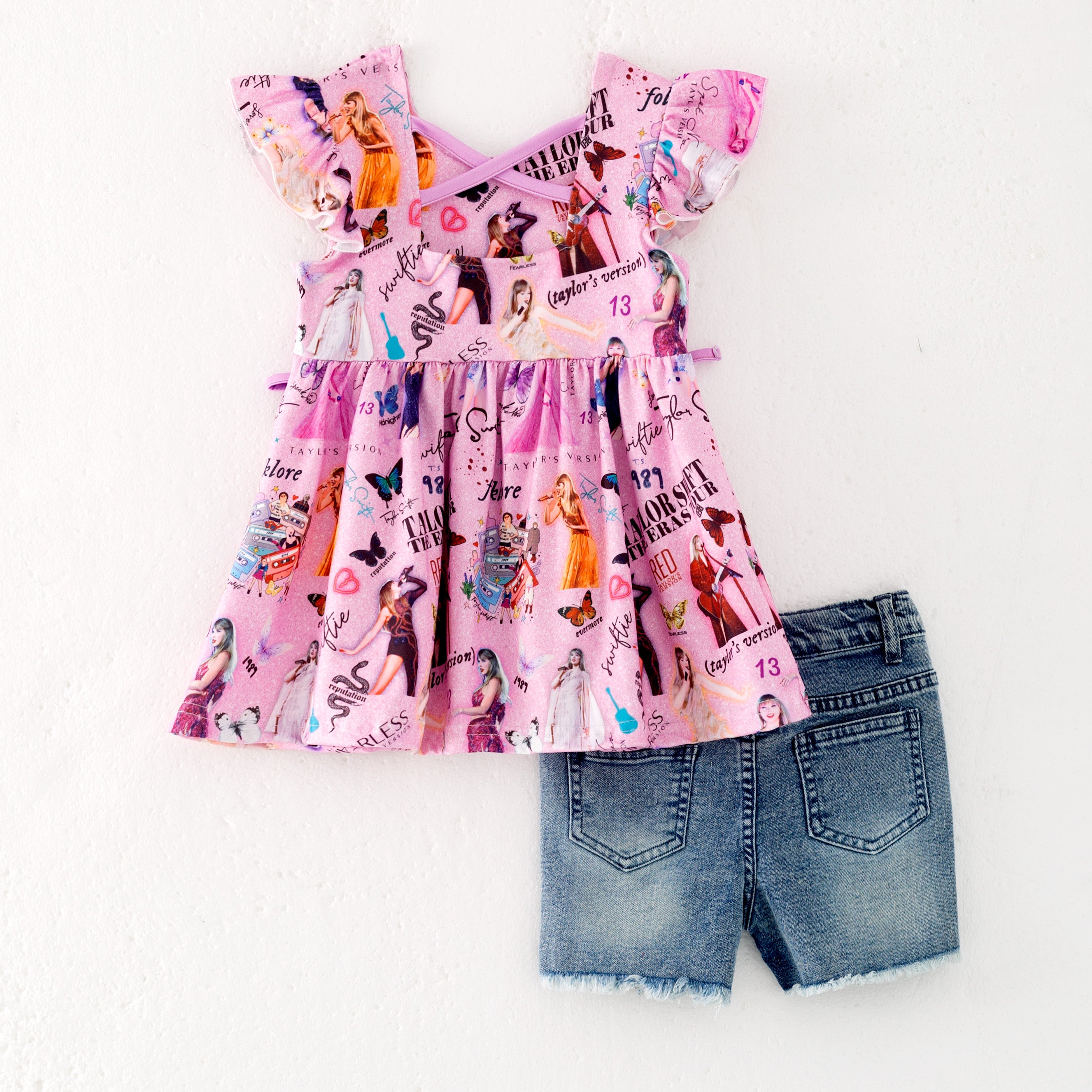 (Pre Order+Shorts)Girls Spring and Summer TS Print Denim Shorts Set-Multicolor