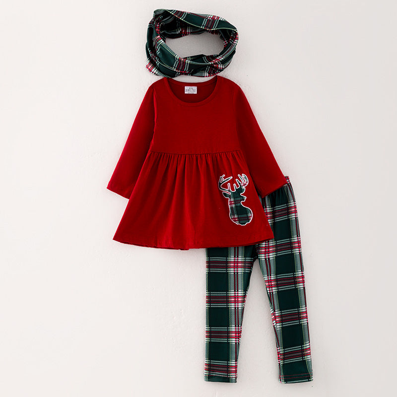 (In Stock G9-1-2)Girls Christmas Elk Applique Outfit Set