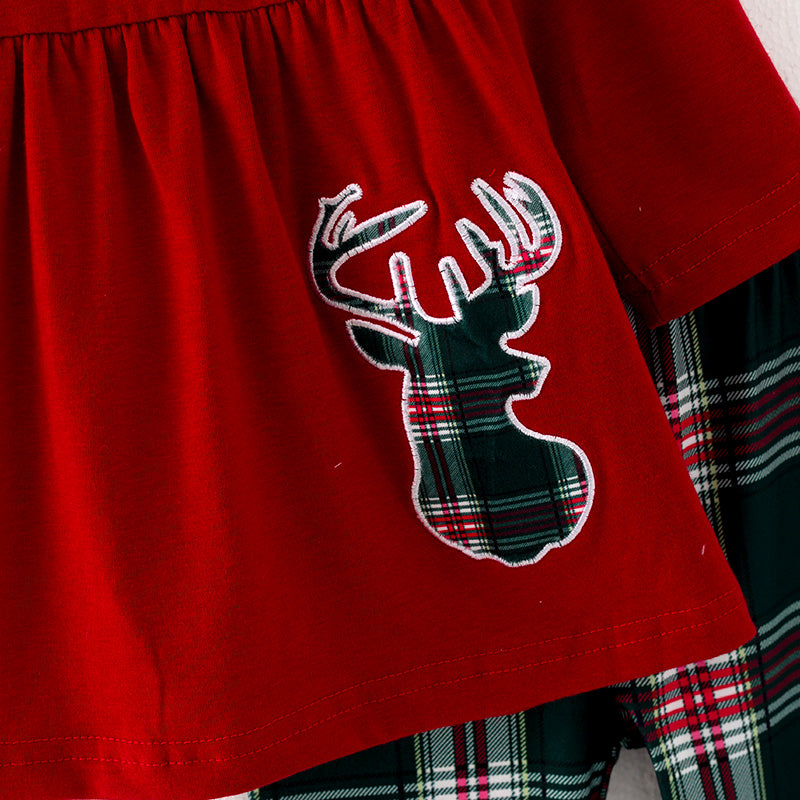 (In Stock G9-1-2)Girls Christmas Elk Applique Outfit Set