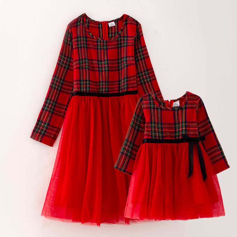 (In Stock G3-3-2)Mommy and Me Christmas Red Plaid Cotton Dress