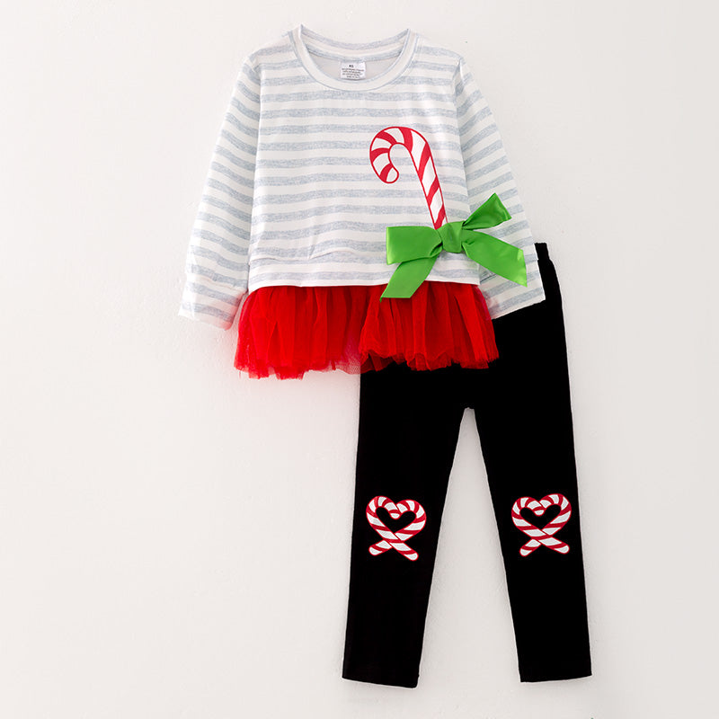 (In Stock G9-3-2)Girls Christmas Cane Print Outfit Set