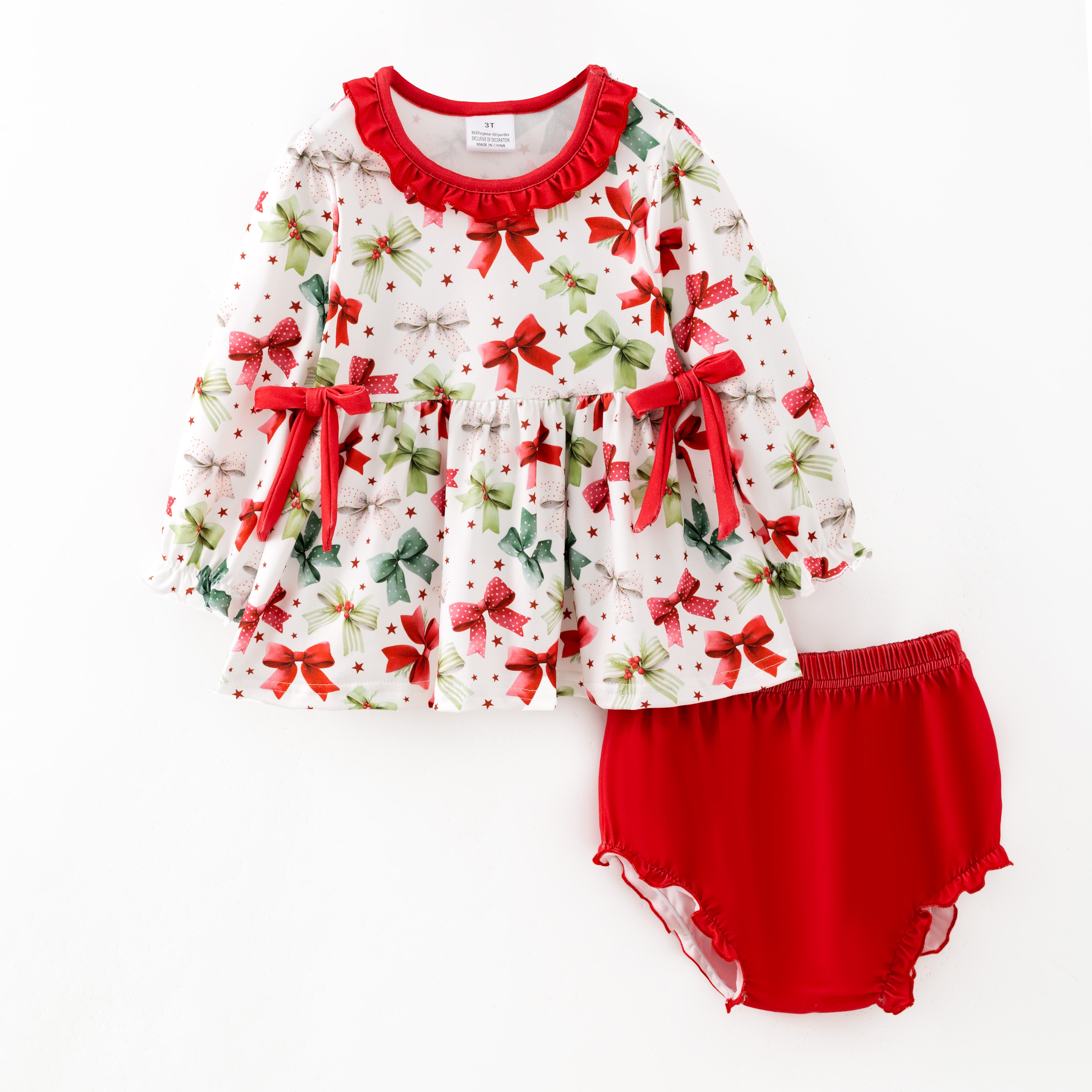 (Pre Order,Prepack Zone)Siblings Christmas Bow Print Dress,Top&Romper