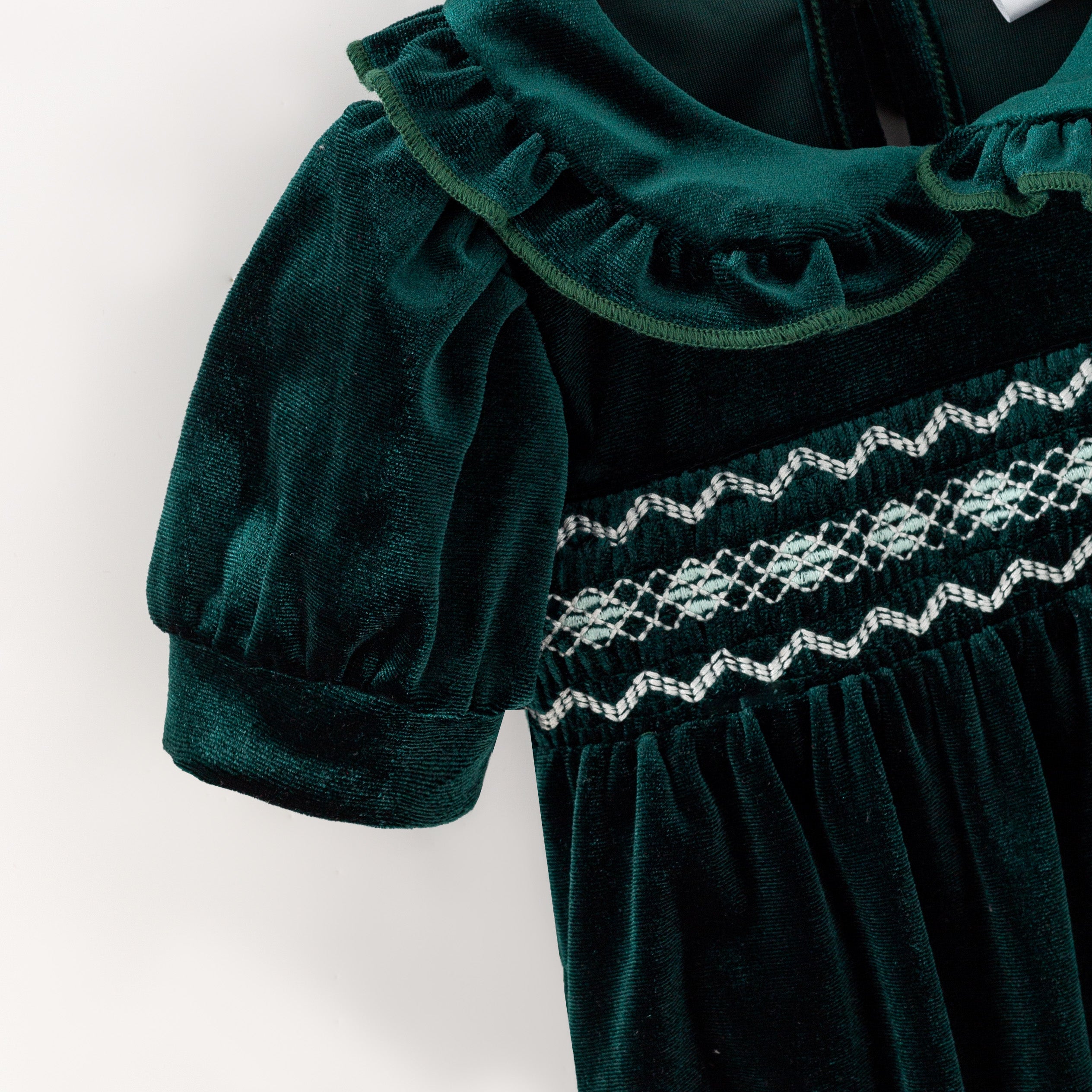(In Stock)Toddler Girls Christmas Green Velvet Smocked Romper