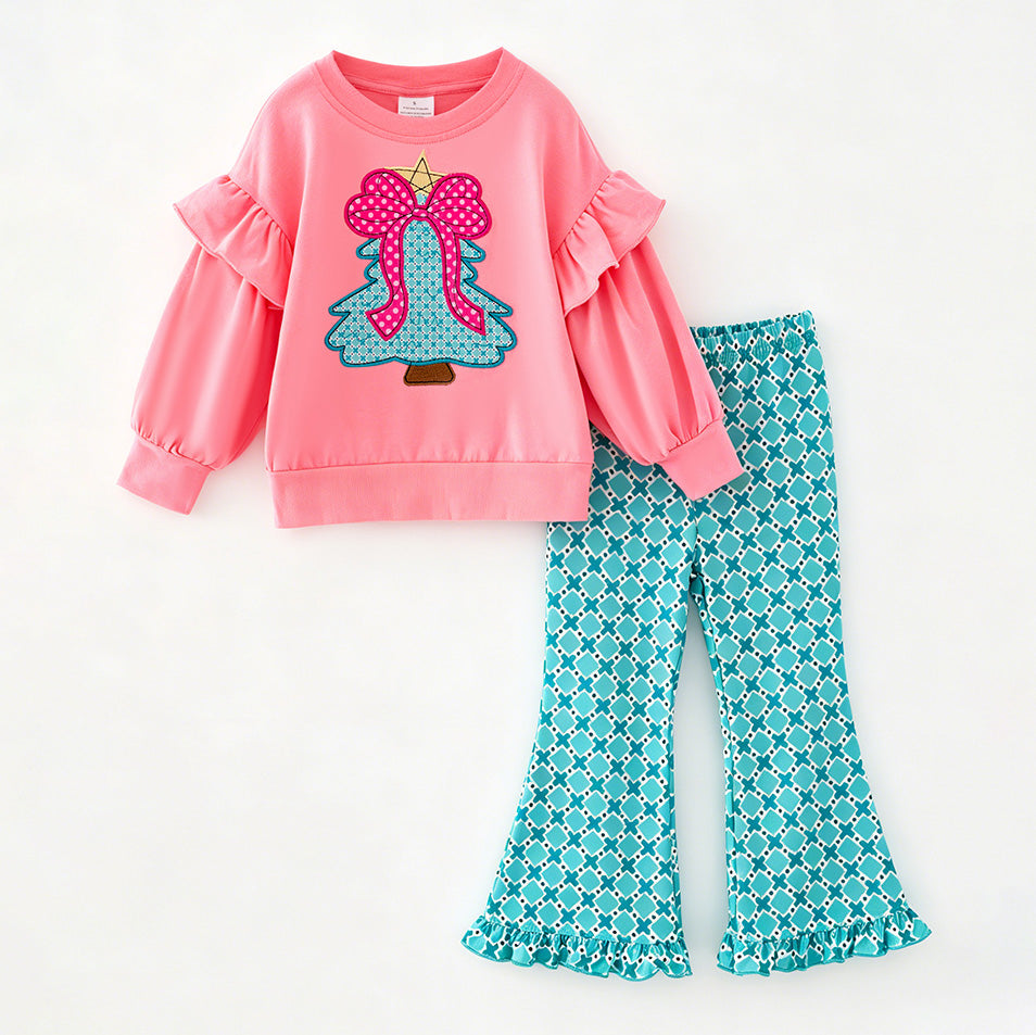 (In Stock)Girls Christmas Applique Cotton Outfit Set