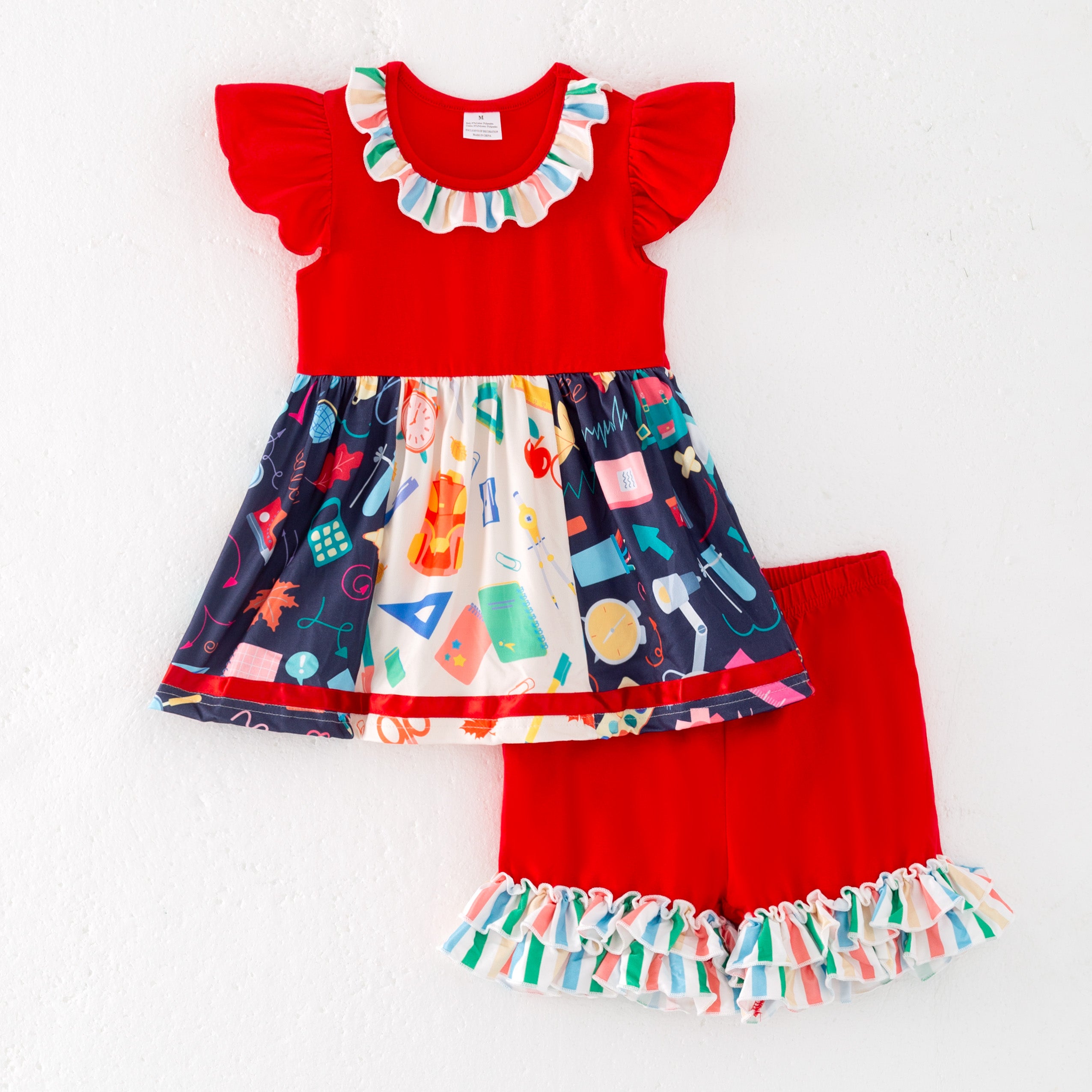 (In Stock)Girls Summer Red Back To School Print Girls Cotton Short Set