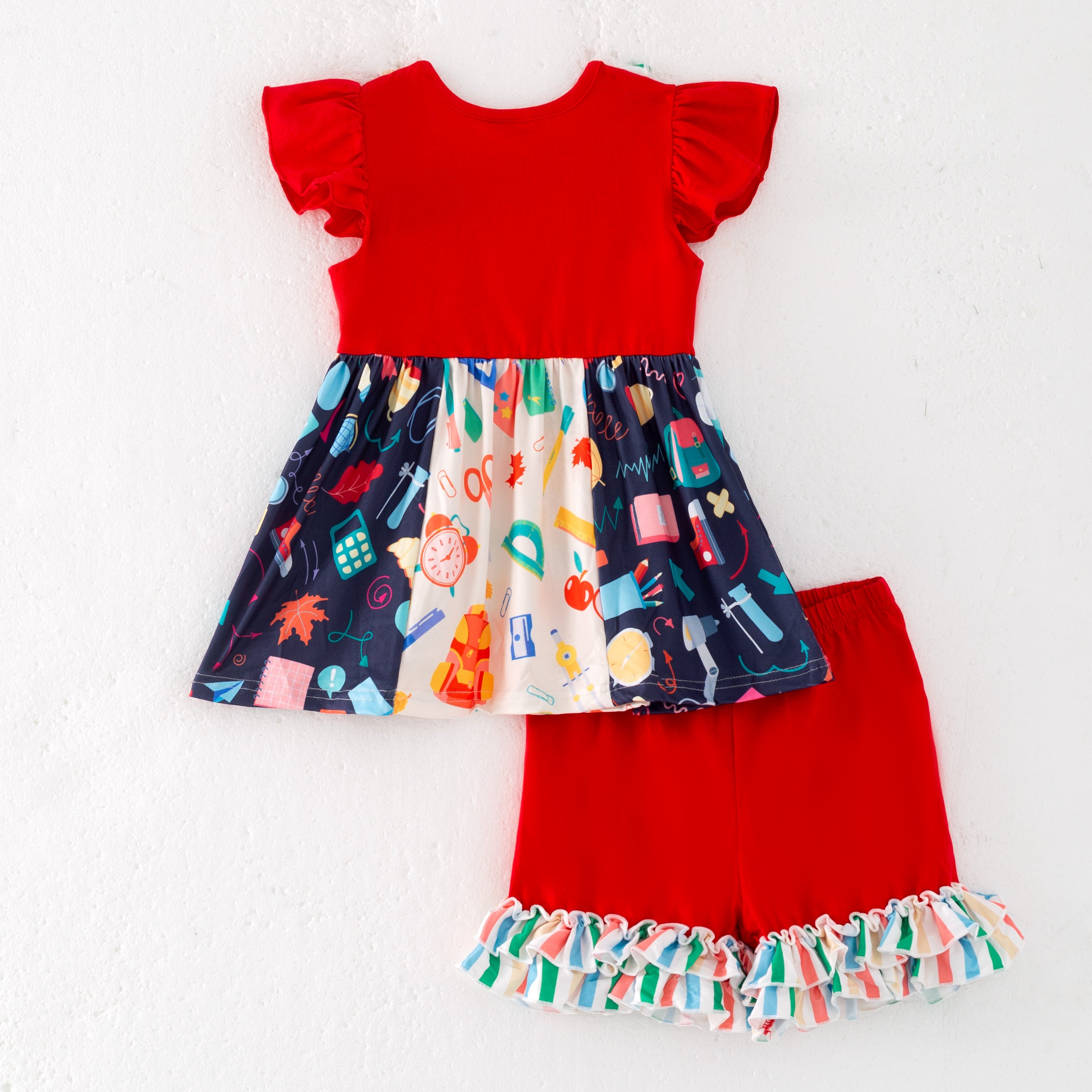 (In Stock)Girls Summer Red Back To School Print Girls Cotton Short Set