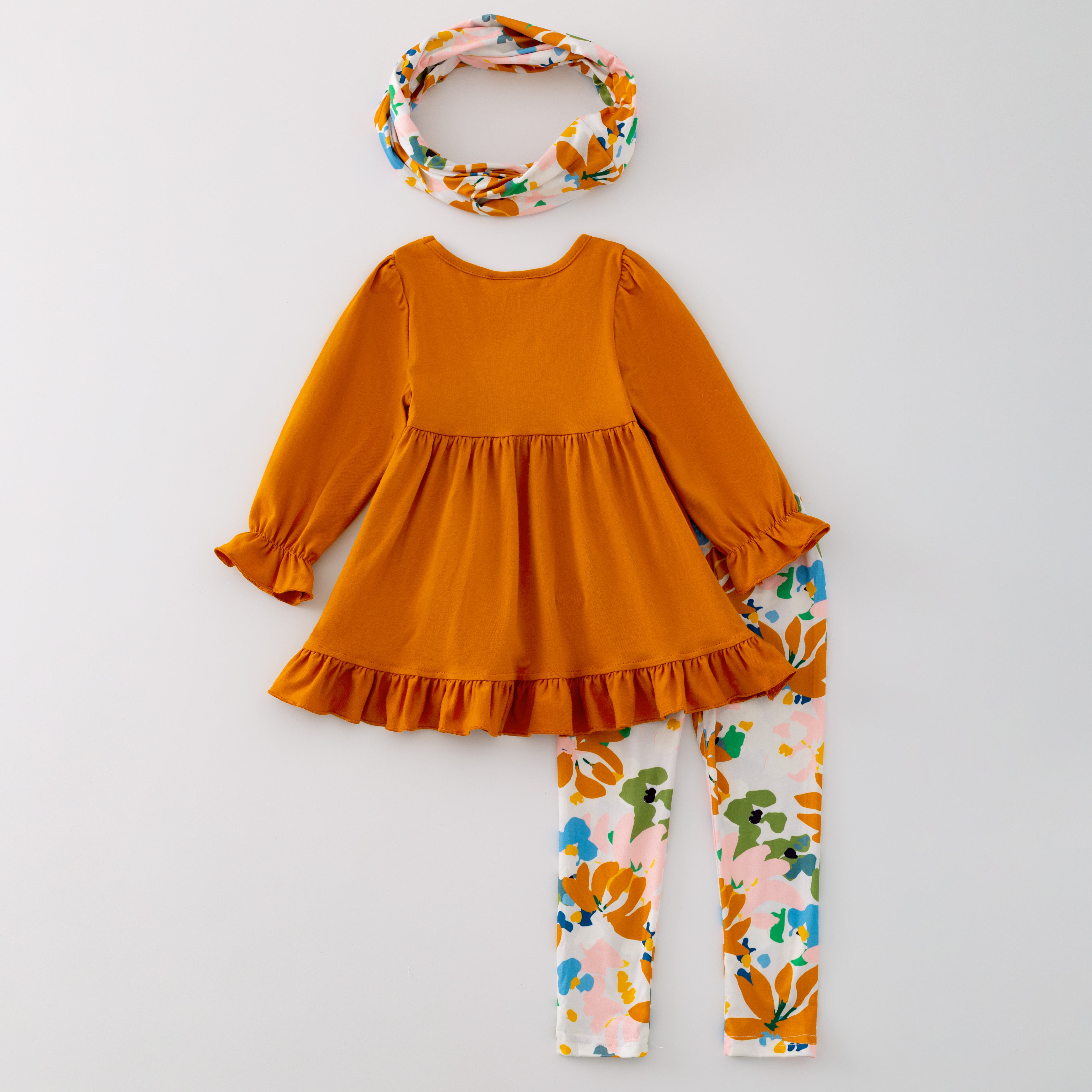 (In Stock L32-03-03 L33-2-2)Girls 3 Pieces Fall Winter Top Floral Print Pants Scraf Set