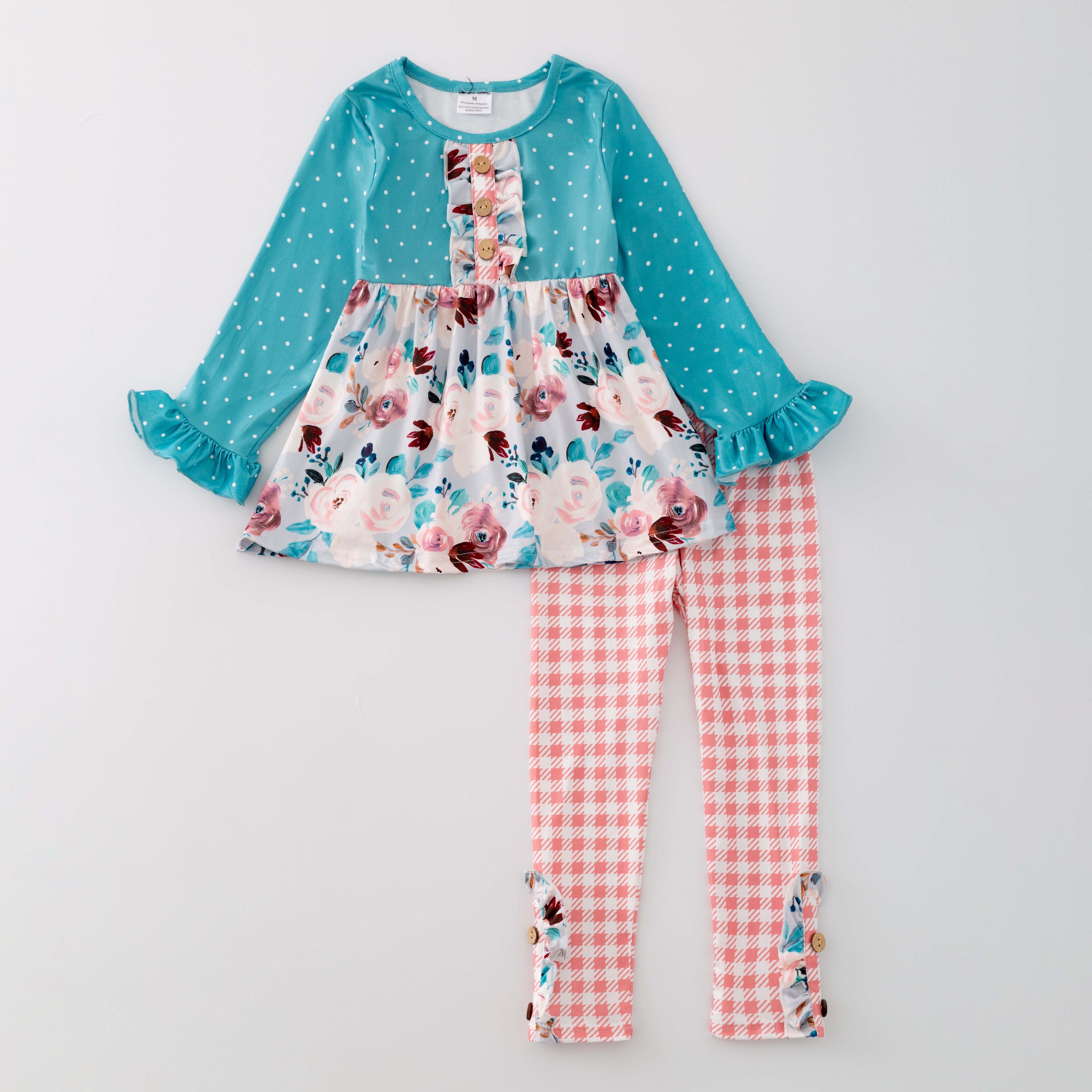 (In Stock G28-05-01 G21-05-01)Girls Turquoise Floral Print Top Plaid Pants Set