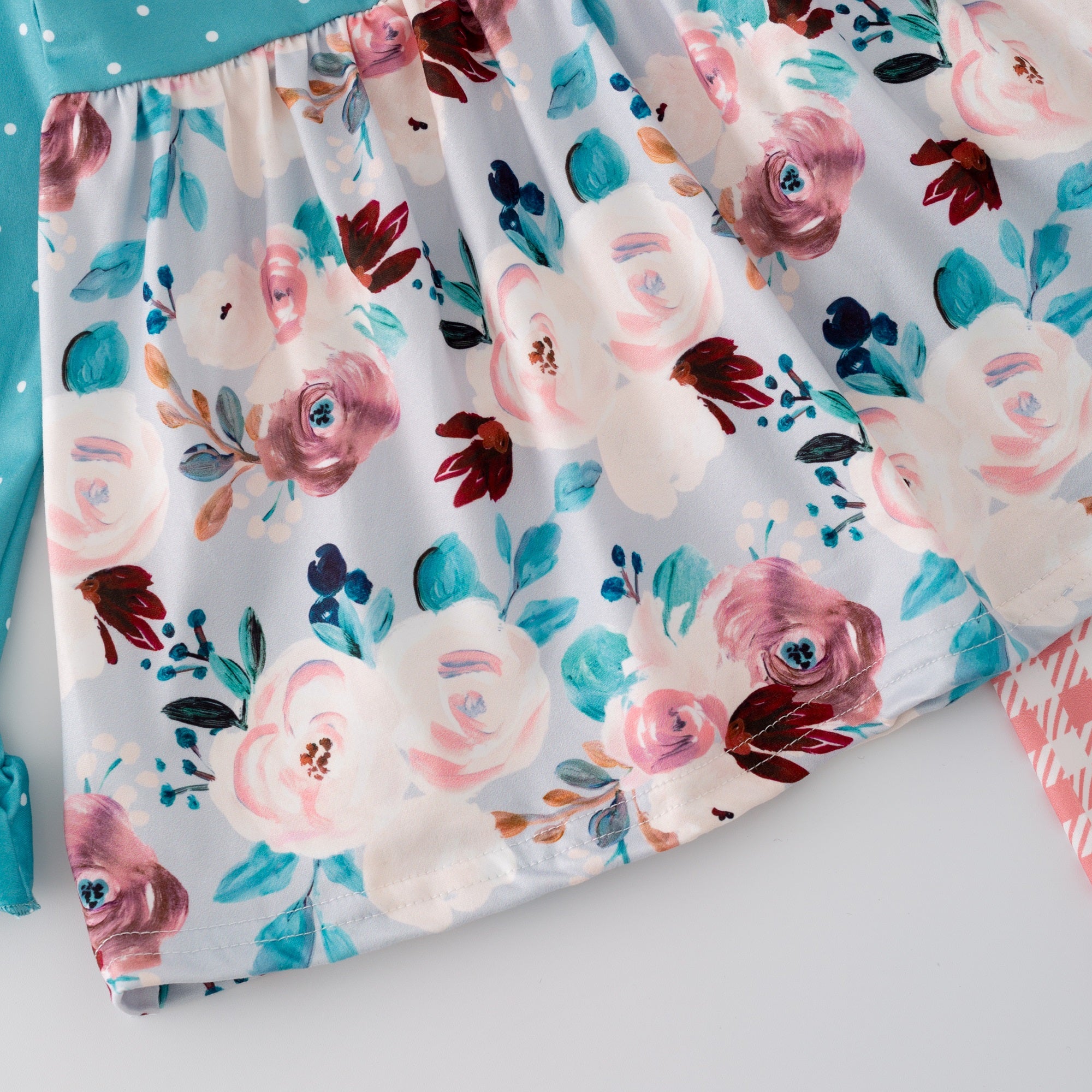 (In Stock G28-05-01 G21-05-01)Girls Turquoise Floral Print Top Plaid Pants Set