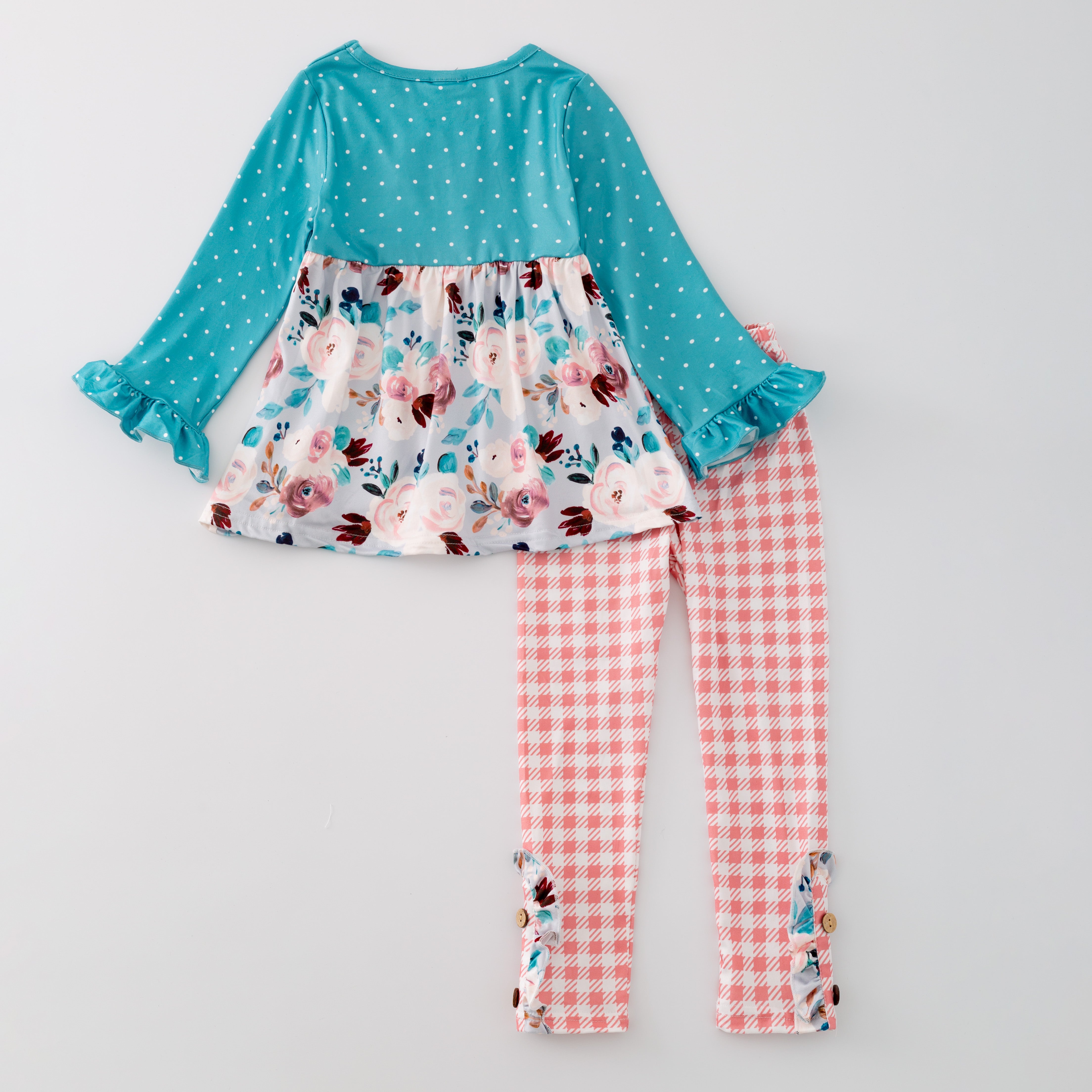(In Stock G28-05-01 G21-05-01)Girls Turquoise Floral Print Top Plaid Pants Set