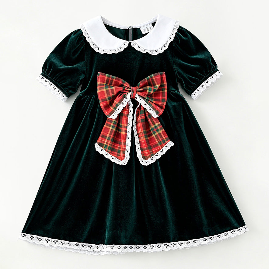 (In Stock)Girls Christmas Bow Velvet Dress