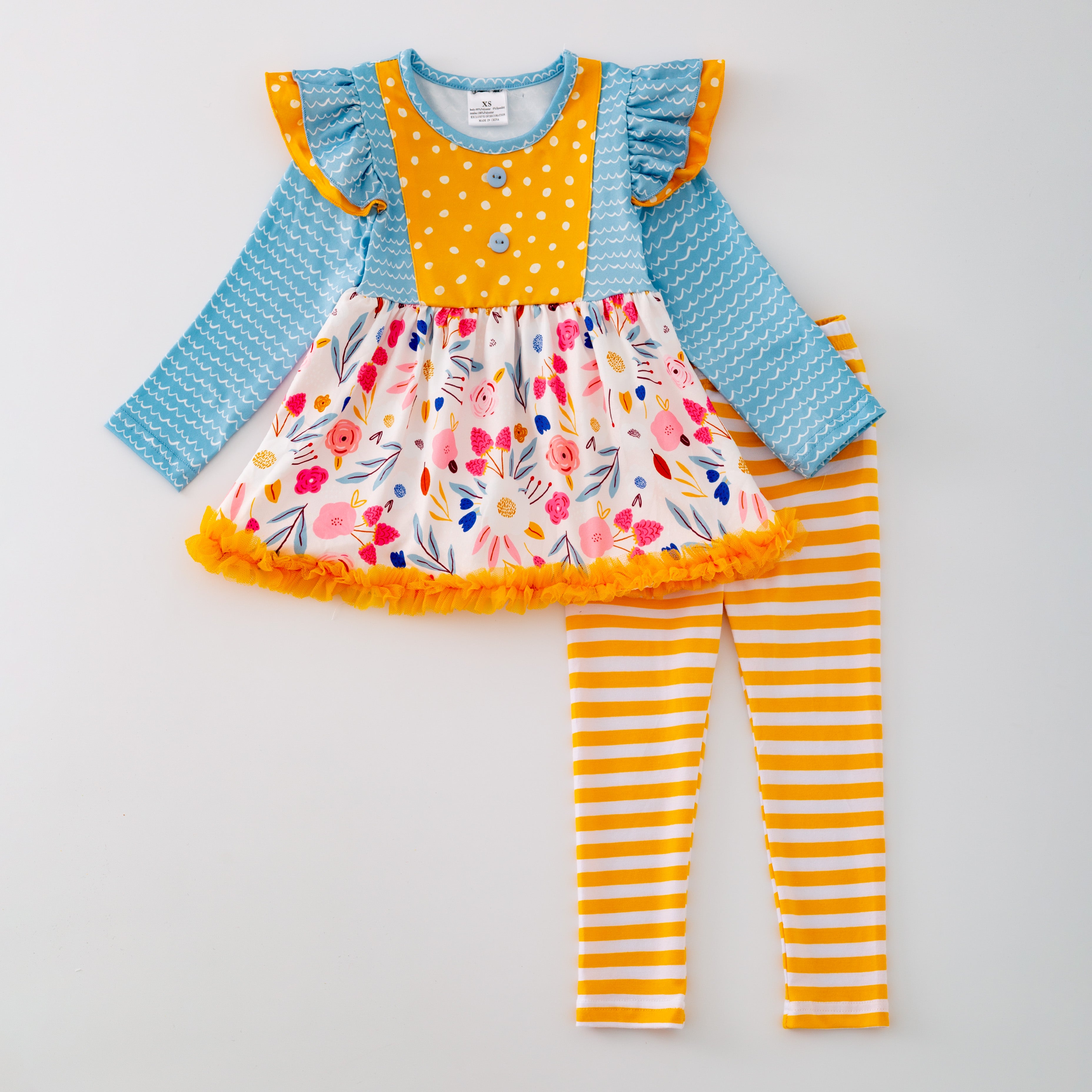 (In Stock G28-06-02 G21-06-02)Girls Floral Print Yellow Stripe Pants Set