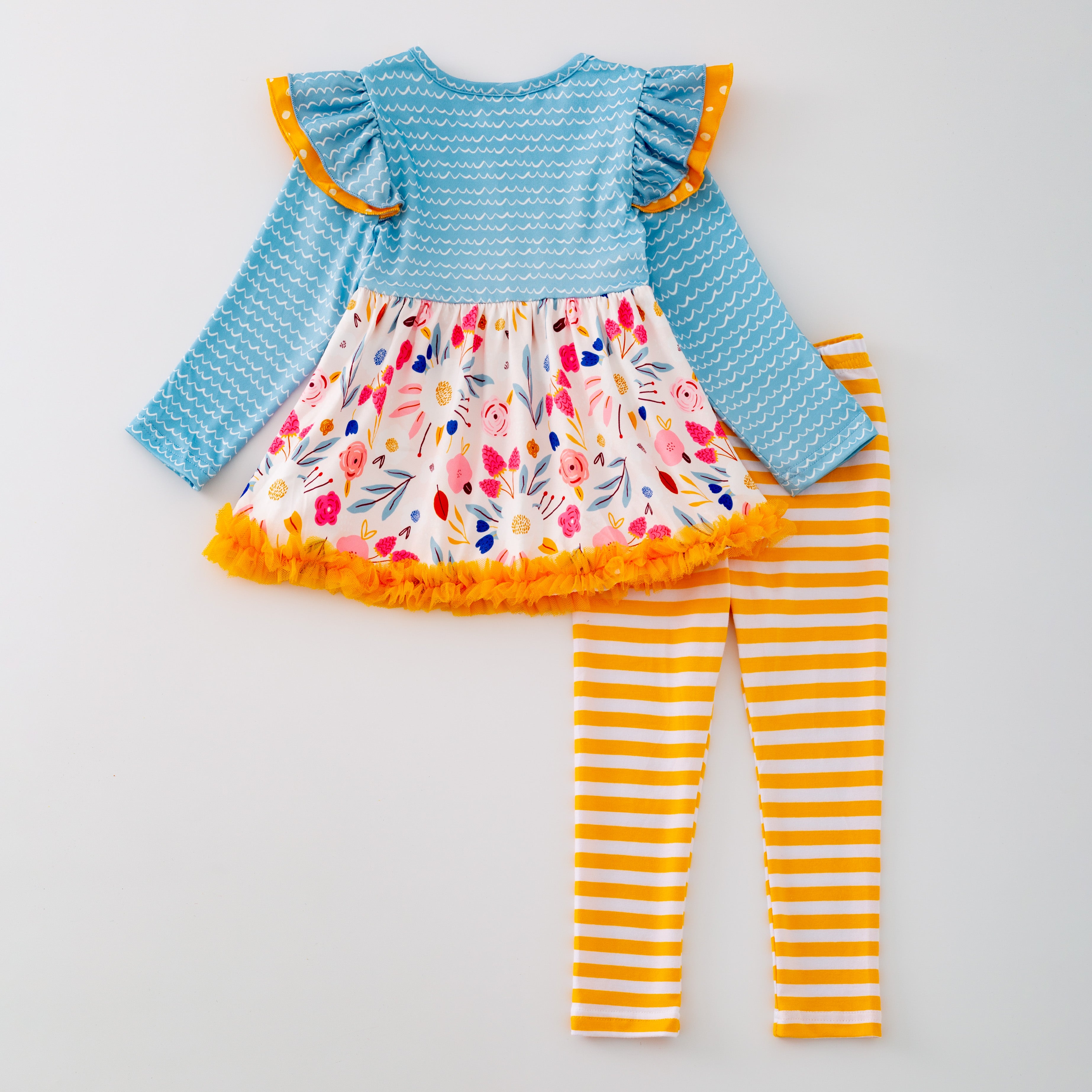 (In Stock G28-06-02 G21-06-02)Girls Floral Print Yellow Stripe Pants Set