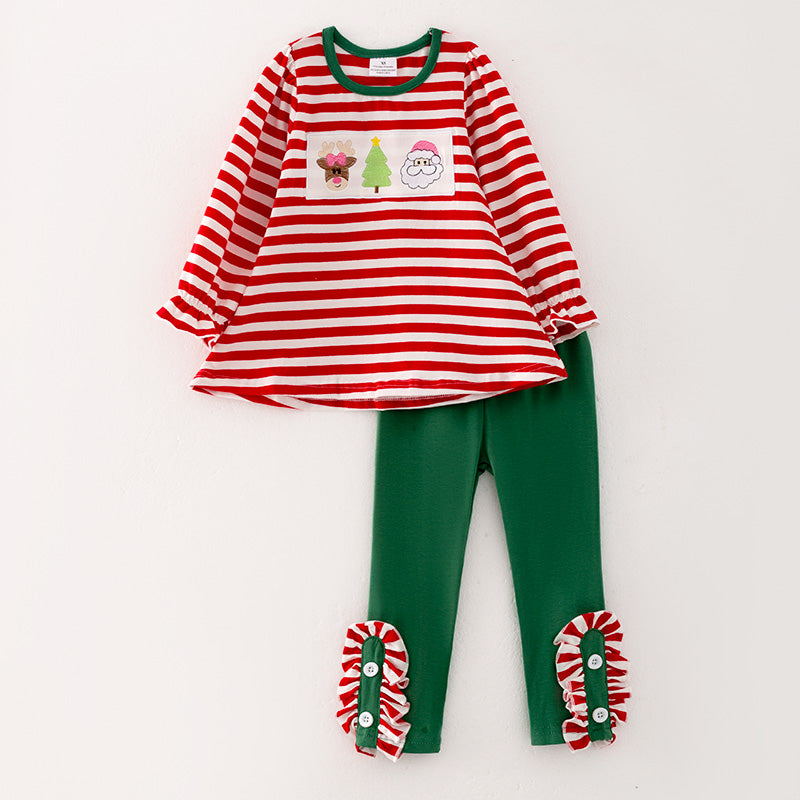 (In Stock E35-4-1)Girls Christmas Embroidery Stripe Outfit Set