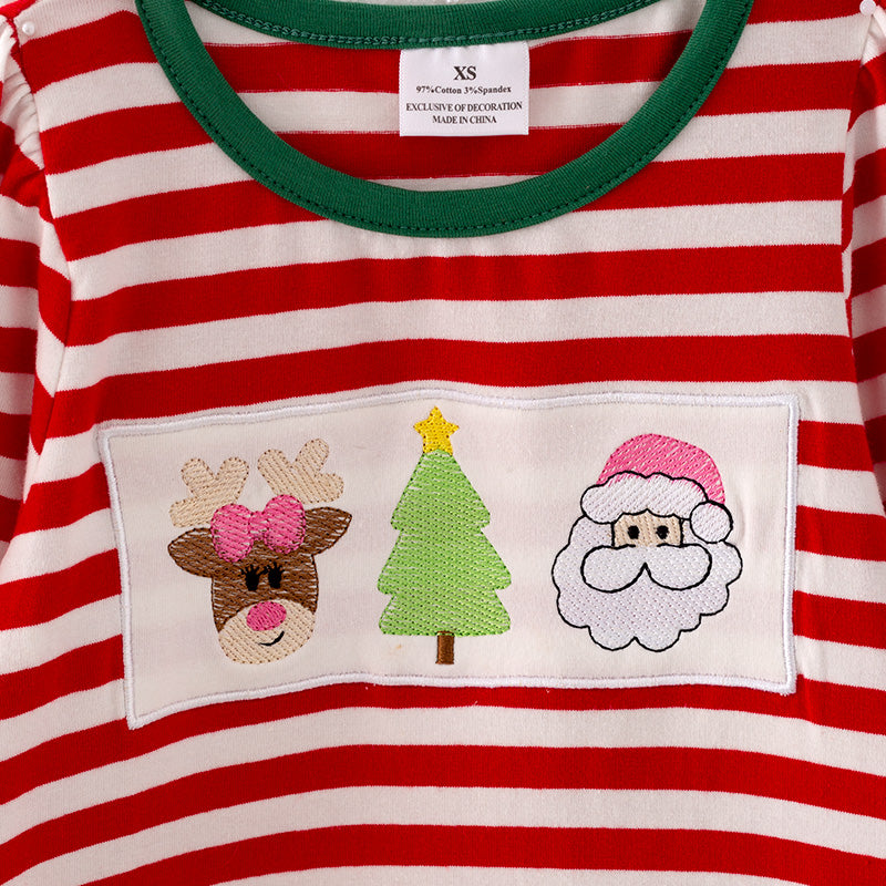 (In Stock E35-4-1)Girls Christmas Embroidery Stripe Outfit Set