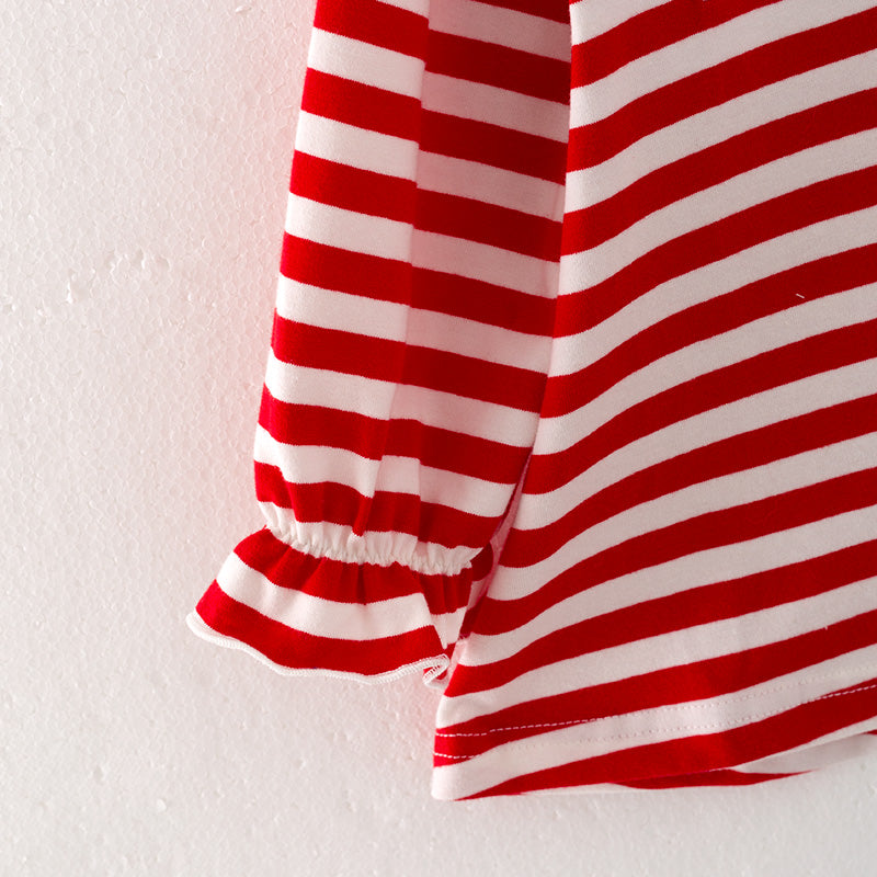 (In Stock E35-4-1)Girls Christmas Embroidery Stripe Outfit Set