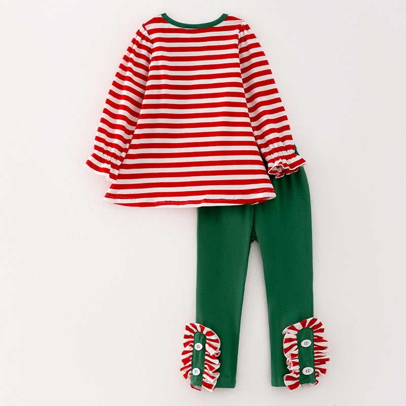 (In Stock E35-4-1)Girls Christmas Embroidery Stripe Outfit Set