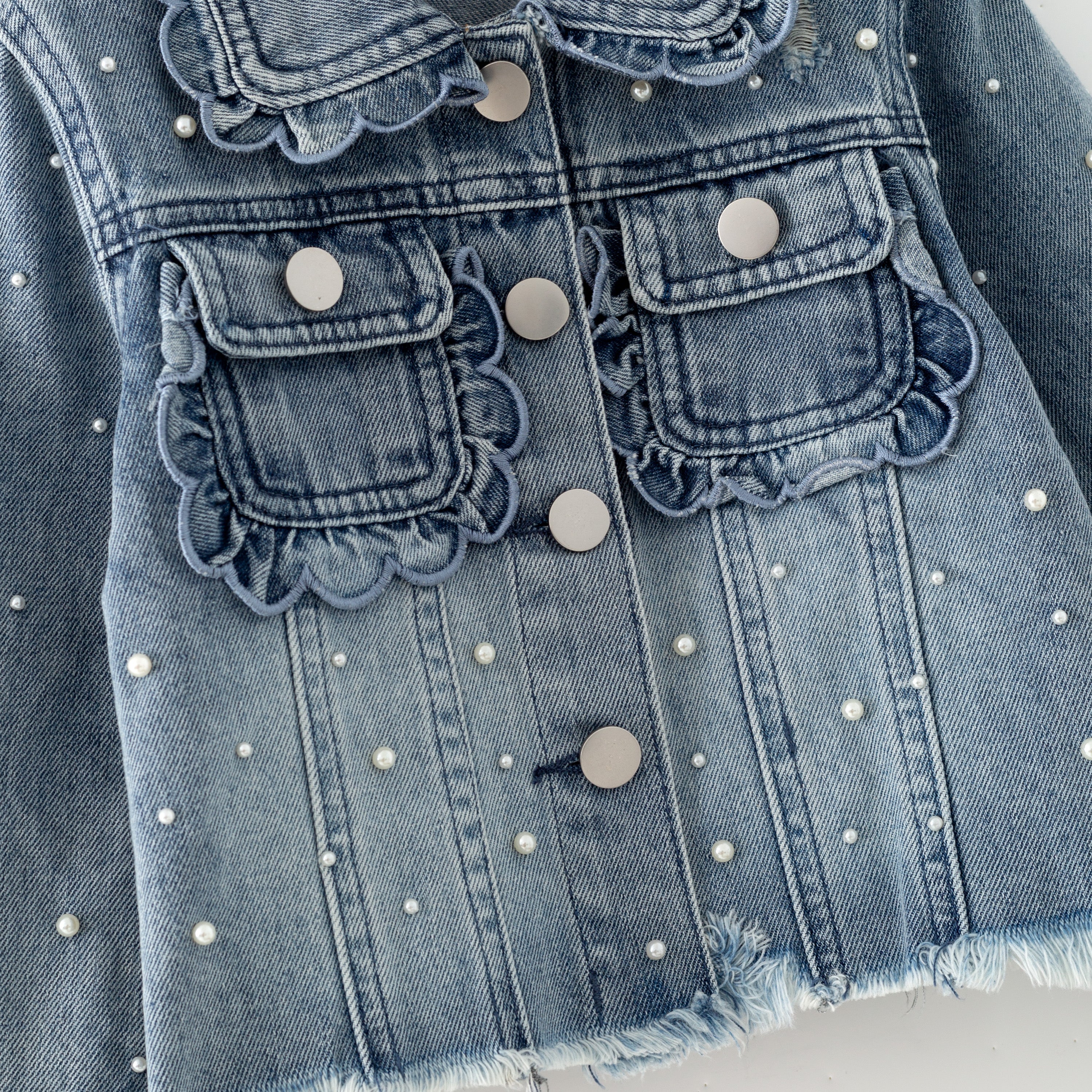 (In Stock)Girls Fall Pearl Scallop Denim Jacket
