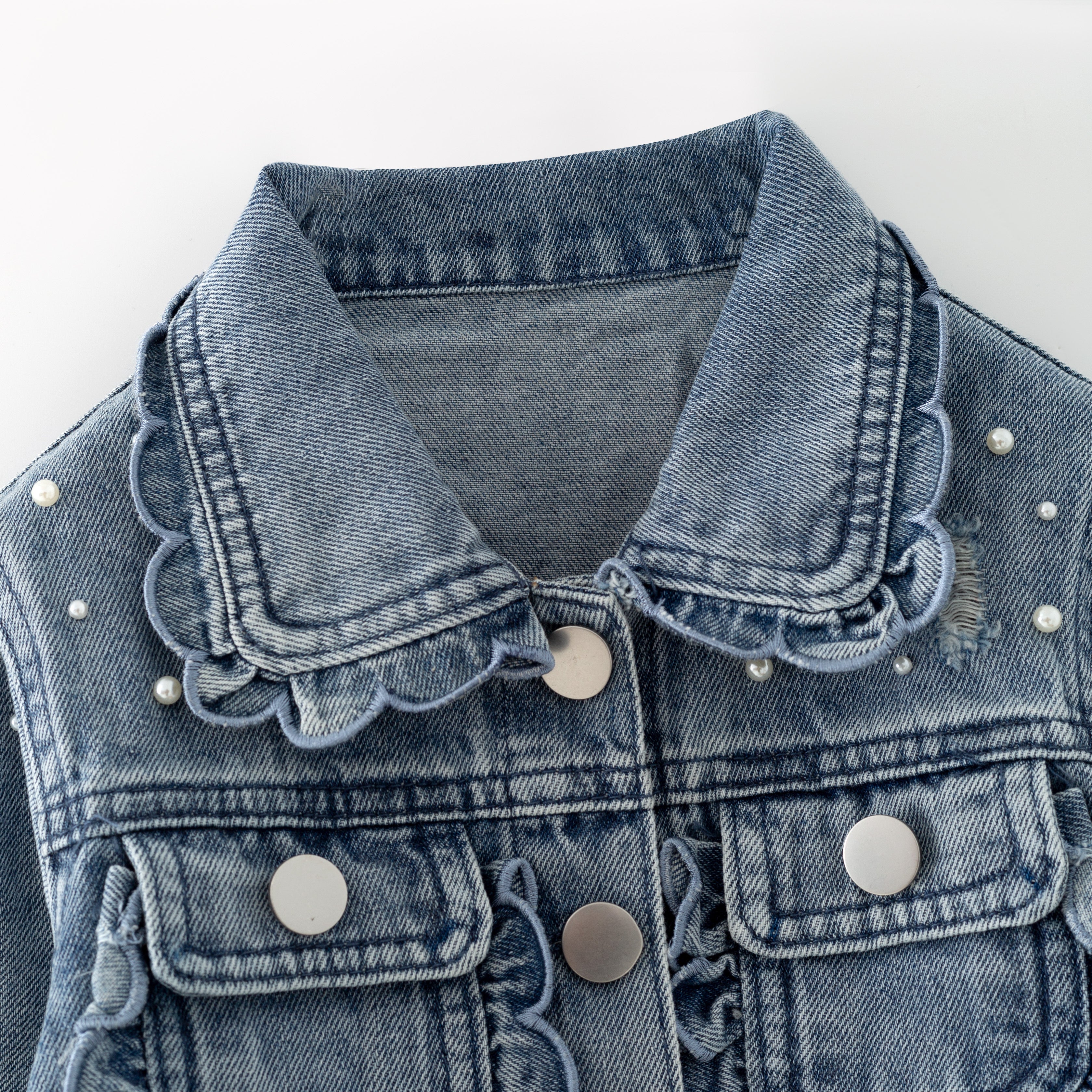 (In Stock)Girls Fall Pearl Scallop Denim Jacket