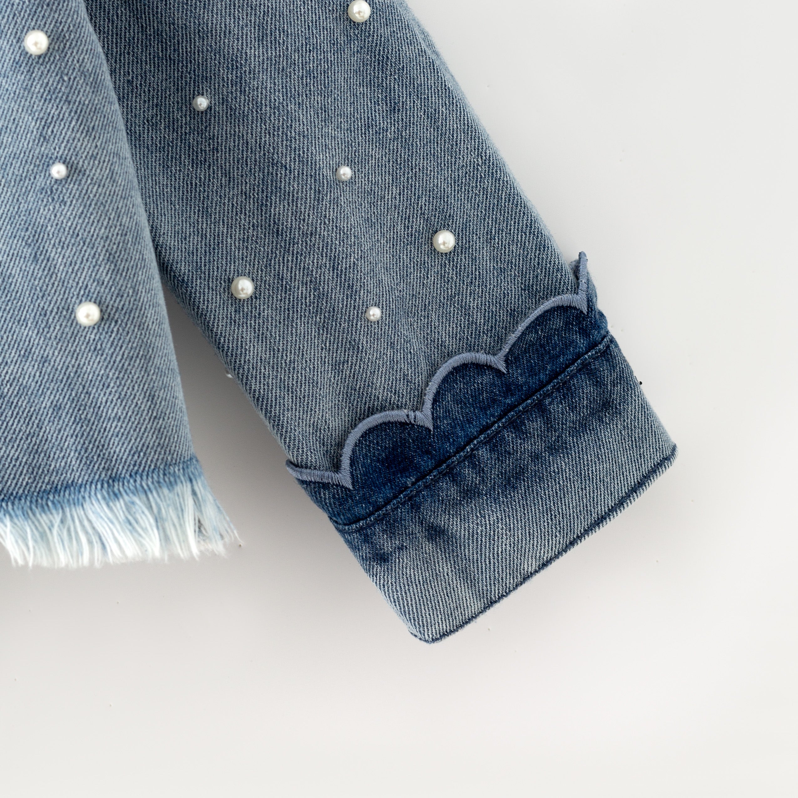(In Stock)Girls Fall Pearl Scallop Denim Jacket