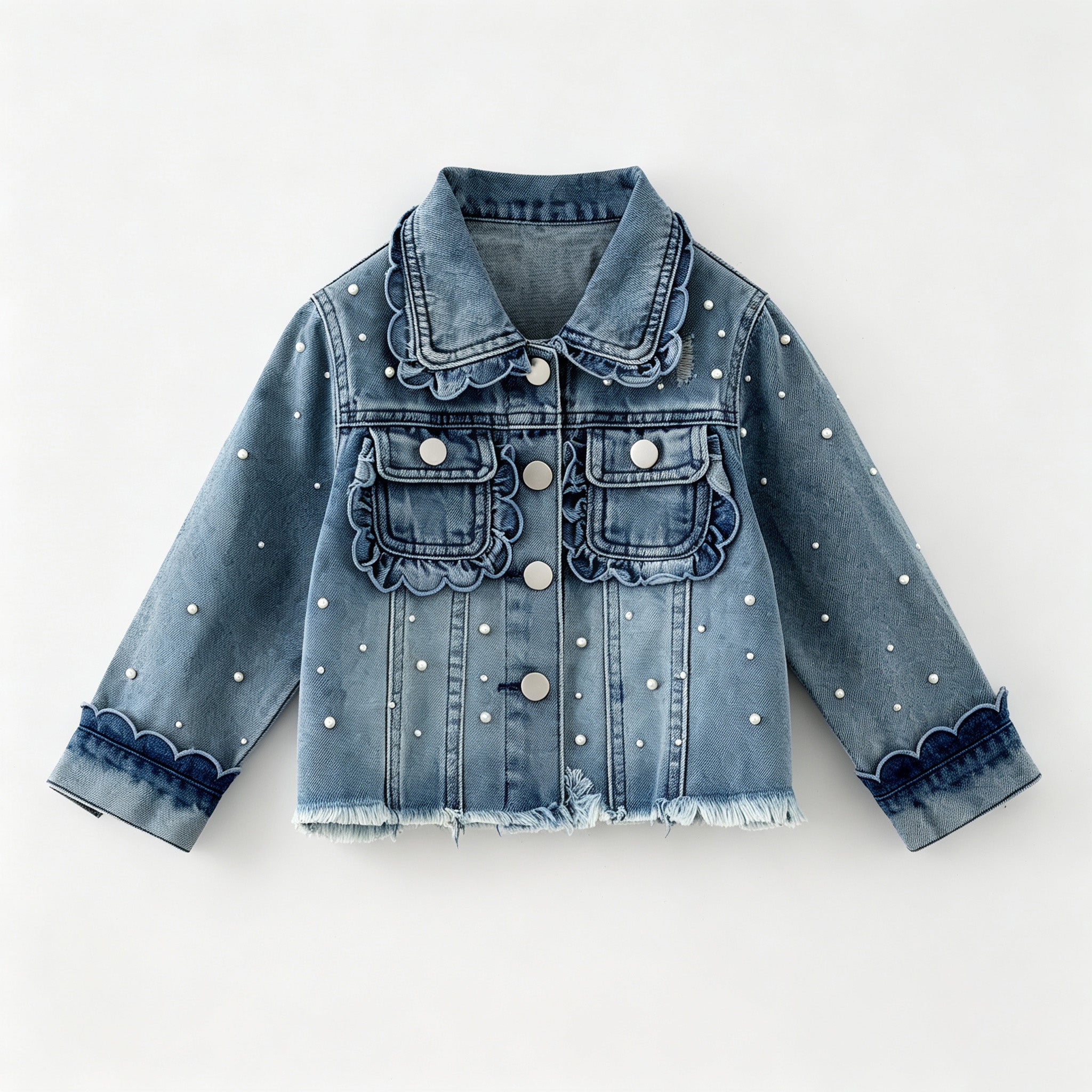 (In Stock)Girls Fall Pearl Scallop Denim Jacket