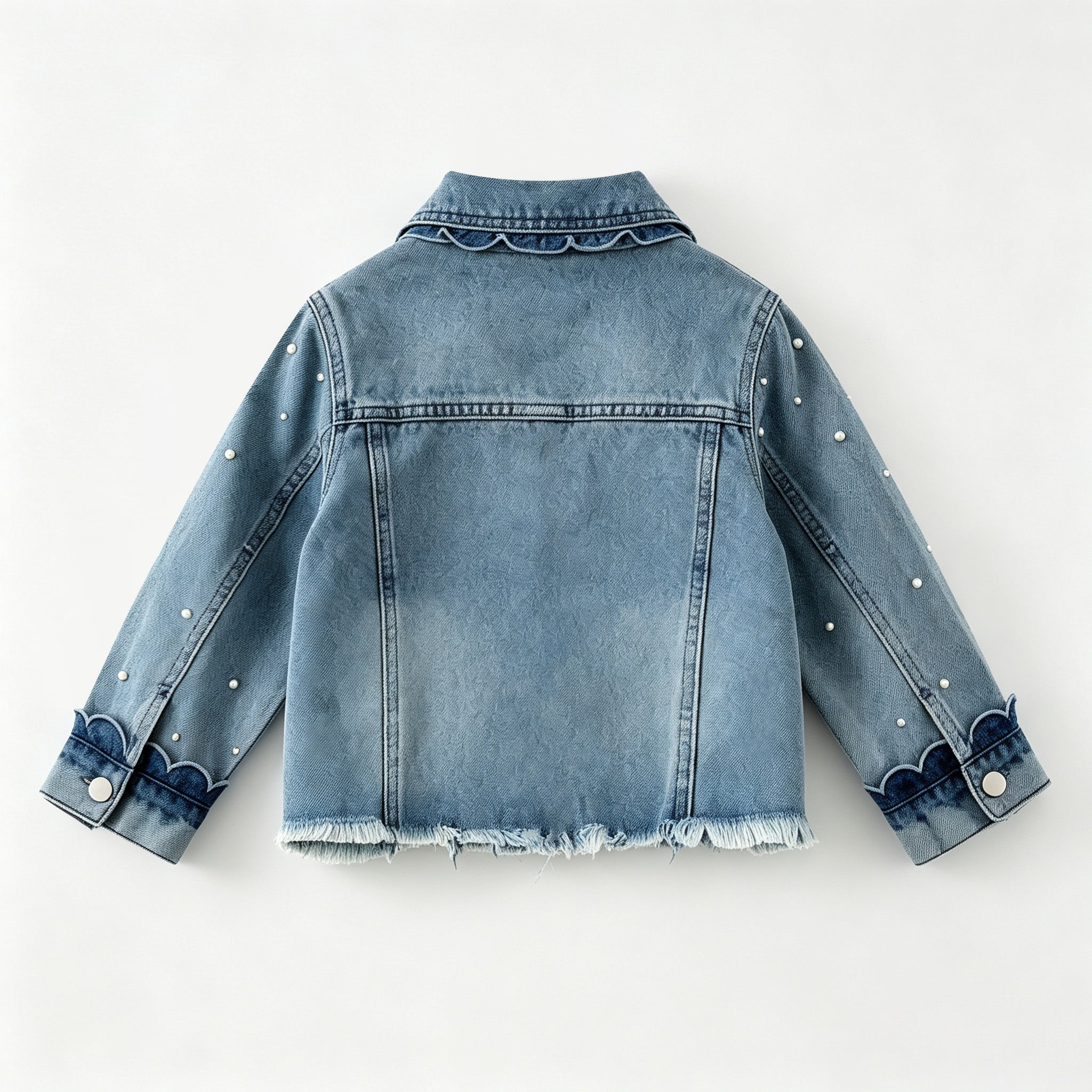 (In Stock)Girls Fall Pearl Scallop Denim Jacket