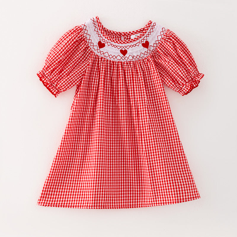 (In Stock L32-4-3)Girls Valentine's Day Embroidery Red Smocked Dress