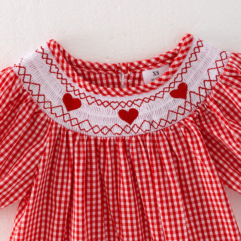 (In Stock L32-4-3)Girls Valentine's Day Embroidery Red Smocked Dress
