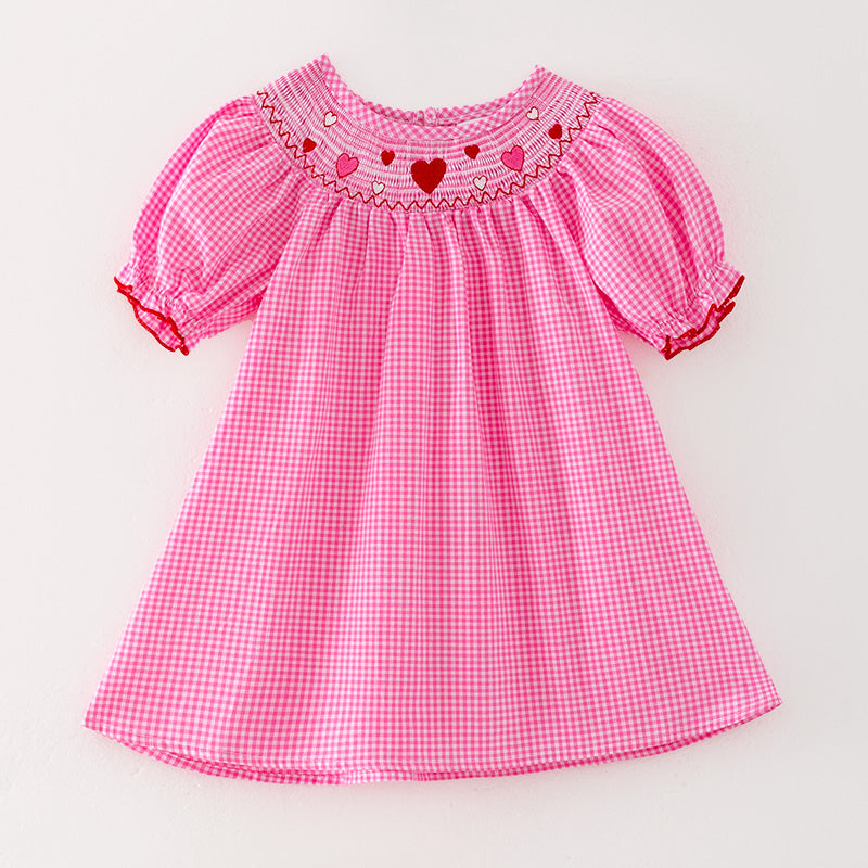 (In Stock L33-4-3)Girls Valentine's Day Embroidery Pink Smocked Dress