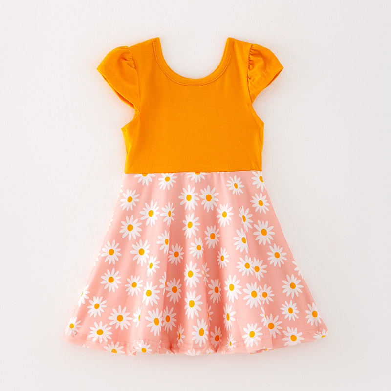 Girls Orange Daisy Print Milk Silk Twirl Dress