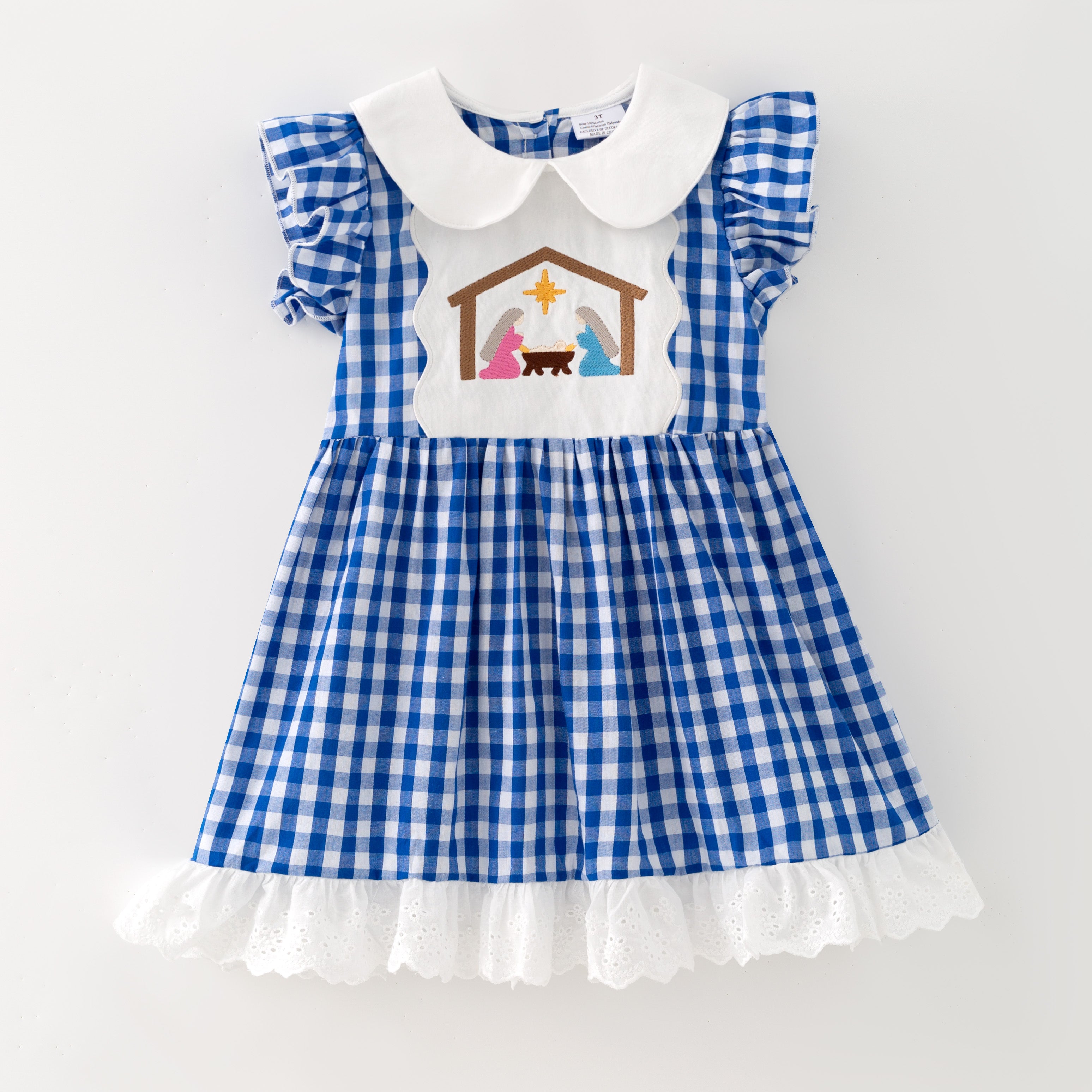 (In Stock)Girls Blue Plaid Nativity Embroidered Christmas Dress