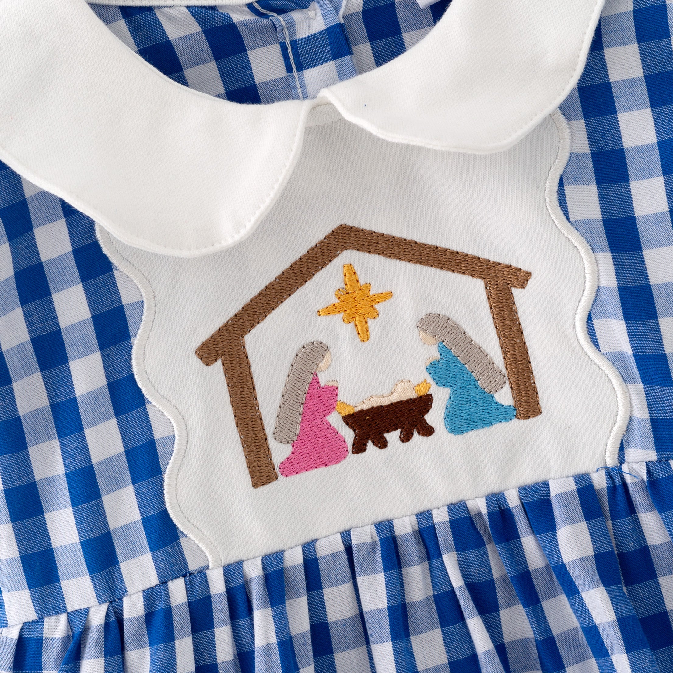 (In Stock)Toddler Girls Blue Plaid Nativity Embroidered Christmas Romper