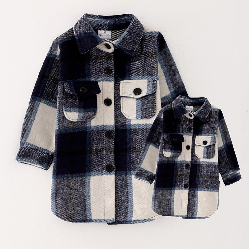 (In Stock L32-1-2)Mommy and Me Fall and Winter Dark Blue Plaid Coat