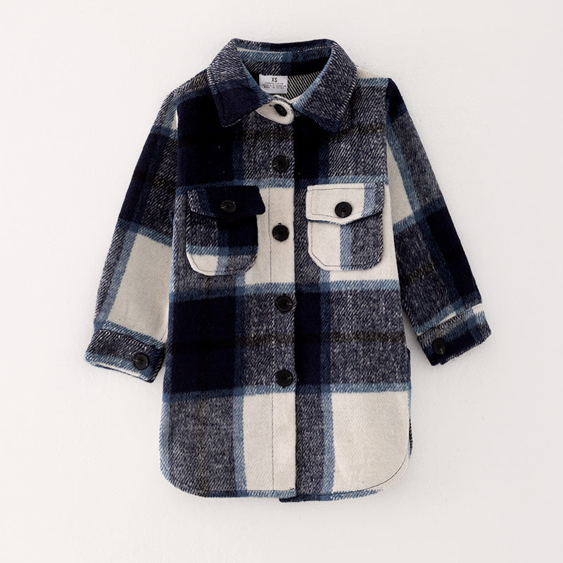 (In Stock L32-1-2)Mommy and Me Fall and Winter Dark Blue Plaid Coat