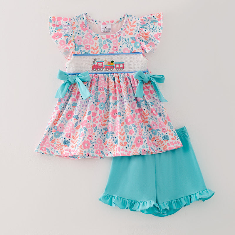 (In Stock E5-4-2)Girls Easter Embroidery Smocked Outfit Set