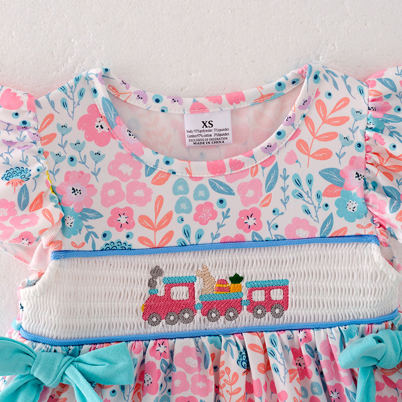 (In Stock E5-4-2)Girls Easter Embroidery Smocked Outfit Set