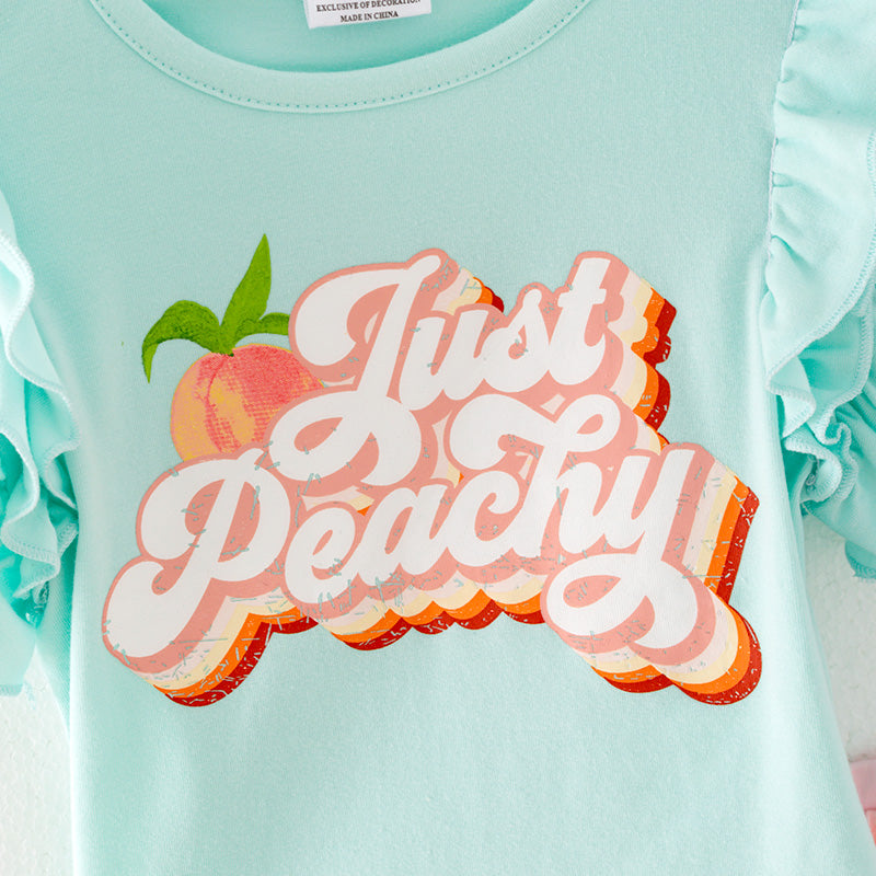 (In Stock)Girls Spring and Summer Mint Top Peachy Print Ruffled Short Set