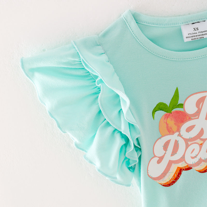 (In Stock)Girls Spring and Summer Mint Top Peachy Print Ruffled Short Set