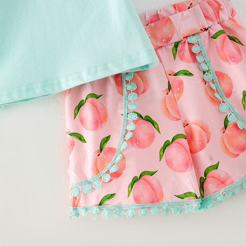(In Stock)Girls Spring and Summer Mint Top Peachy Print Ruffled Short Set