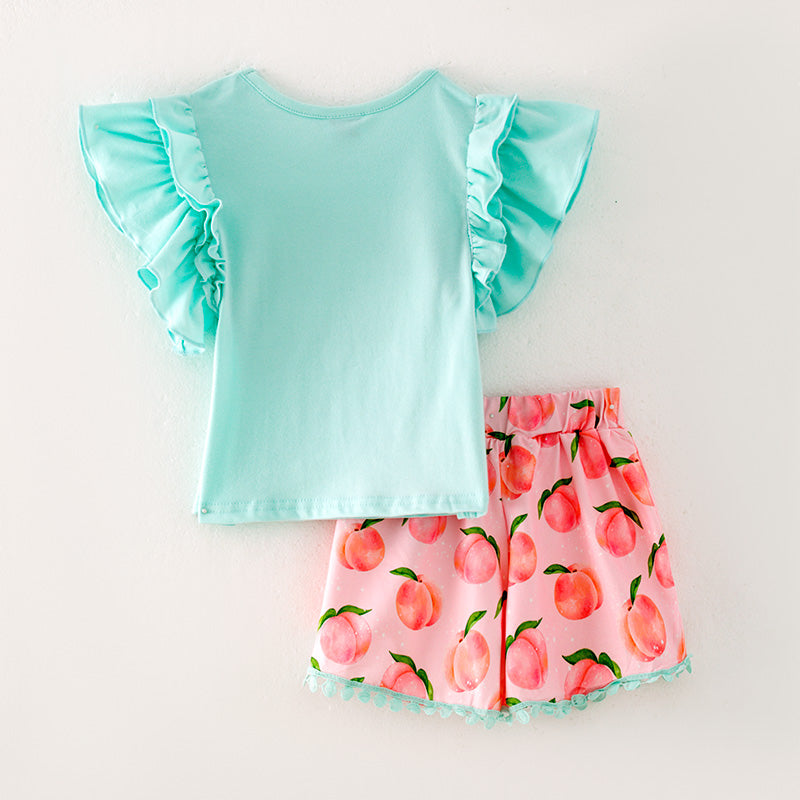 (In Stock)Girls Spring and Summer Mint Top Peachy Print Ruffled Short Set