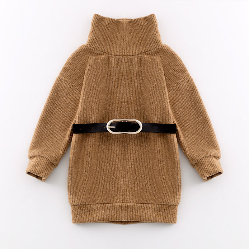 (In Stock L16-3-3)Girls Fall and Winter Turtleneck Sweater Dress with Belt