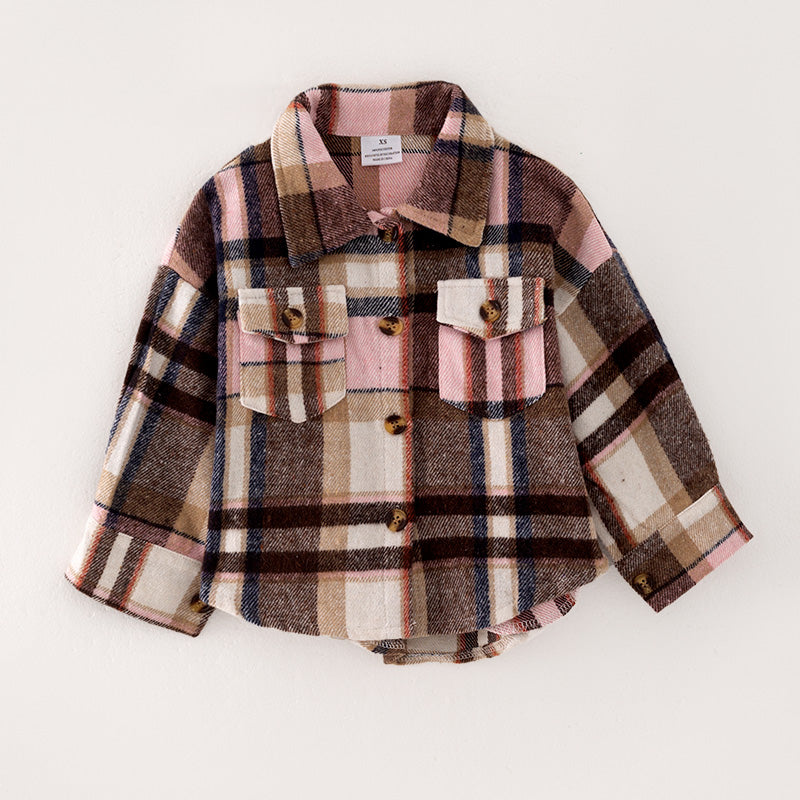 (In Stock Q7-1-2)Girls Fall Pink Plaid Shirt Jacket
