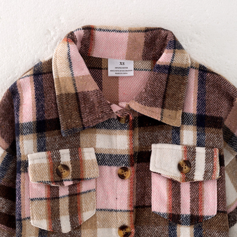 (In Stock Q7-1-2)Girls Fall Pink Plaid Shirt Jacket
