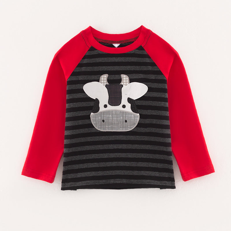 (In Stock Q7-5-2 L19-4-2)Boys Fall Cow Applique Cotton Top