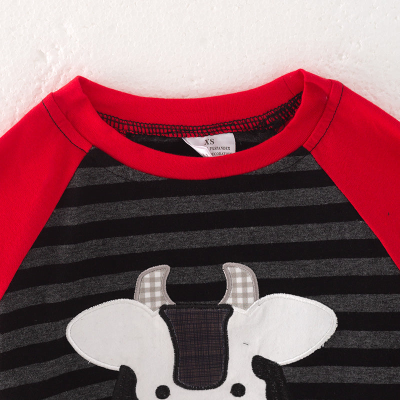 (In Stock Q7-5-2 L19-4-2)Boys Fall Cow Applique Cotton Top