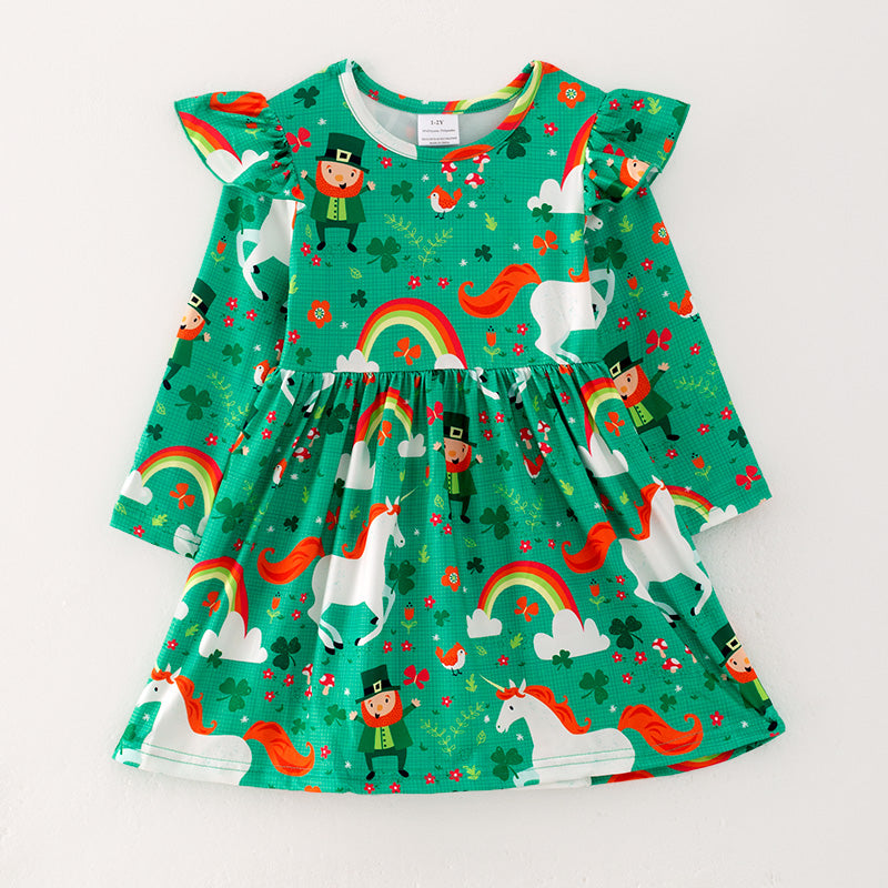 (In Stock G22-1-3)Girls St.Patrick's Day Shamrock Print Dress