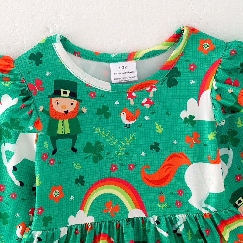 (In Stock G22-1-3)Girls St.Patrick's Day Shamrock Print Dress