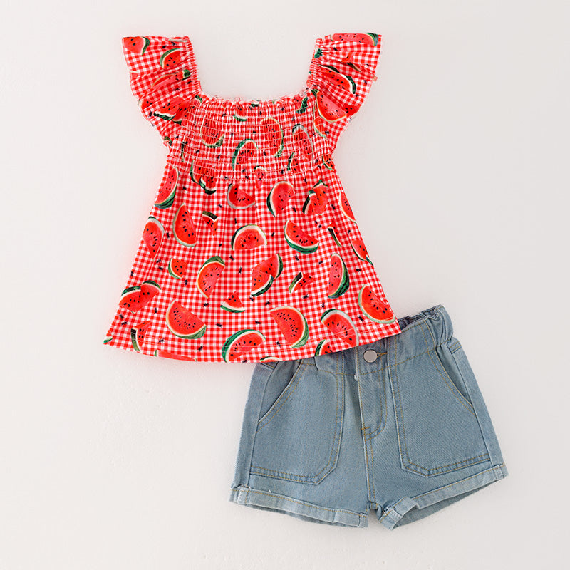 (In Stock E26-5-3)Girls Spring and Summer Watermelon Print Top Denim Short Set