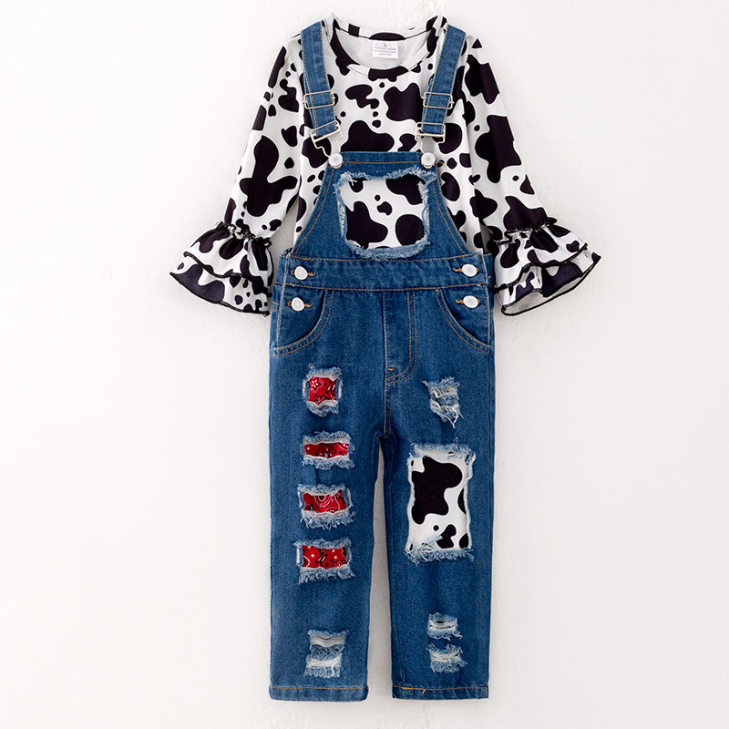 (In Stock)Girls Fall Cow Print Denim Overalls set